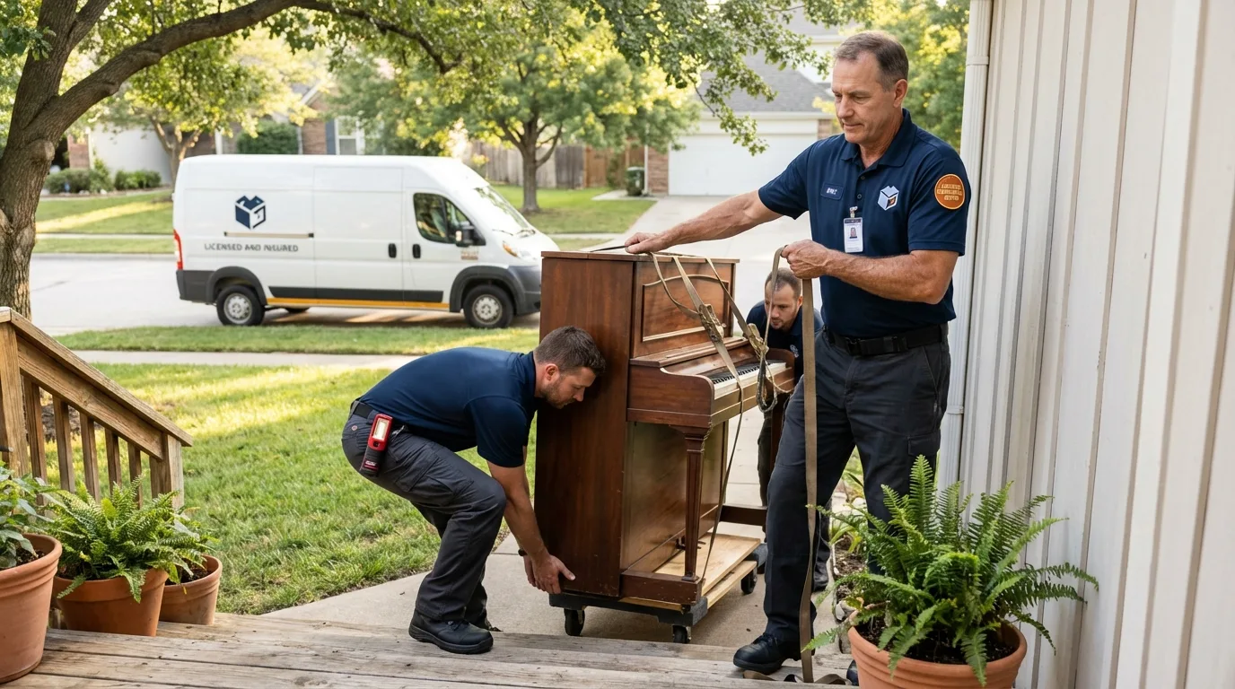 Licensed piano movers securing grand piano in Black River Falls, WI
