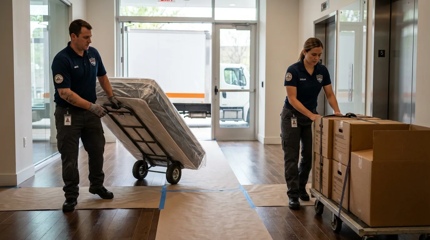 Professional apartment movers loading elevator in Black River Falls, WI